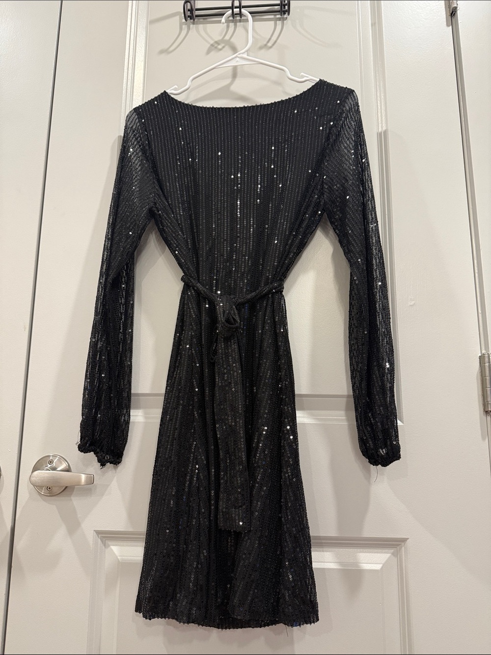 Black Sequin Long-Sleeve Tie-Waist Dress
